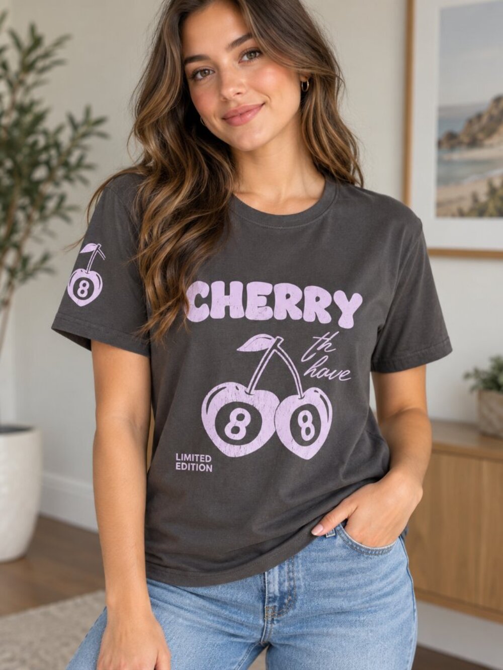 Cherry 8 Ball Graphic T-Shirt Gray Purple Limited Edition Size M
